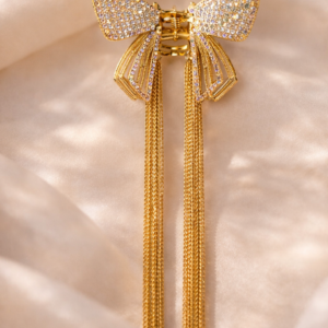Luxury Golden Crystal Bow Hair Clip with Chain Tassels – Elegant Party & Bridal Hair Accessory